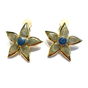 Vintage 1990’s Clip On Earrings Gold with Green & Blue Enamel Mod Flower Power